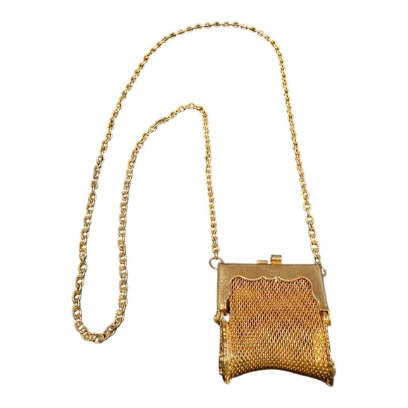 Vintage Gold Tone Mesh Mini Purse Necklace Coin Dance Bag J24 - Picture 3 of 5
